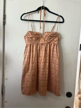 BCBGeneration Y2K orange and pink Geo-Print Spaghetti Strap Mini babydoll Dress